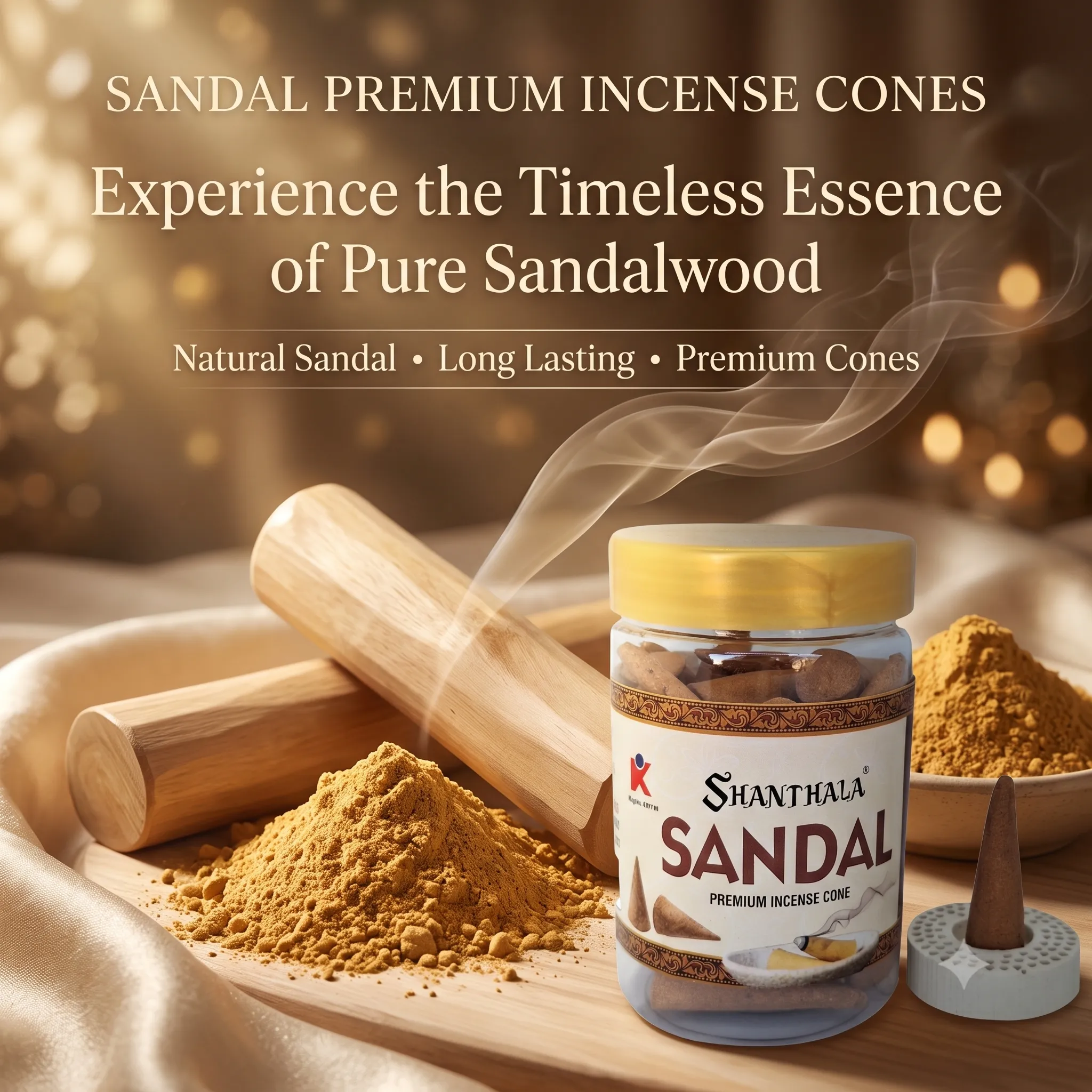 Shanthala Sandal Premium Incense Cones Round Jar 90g - Image 2