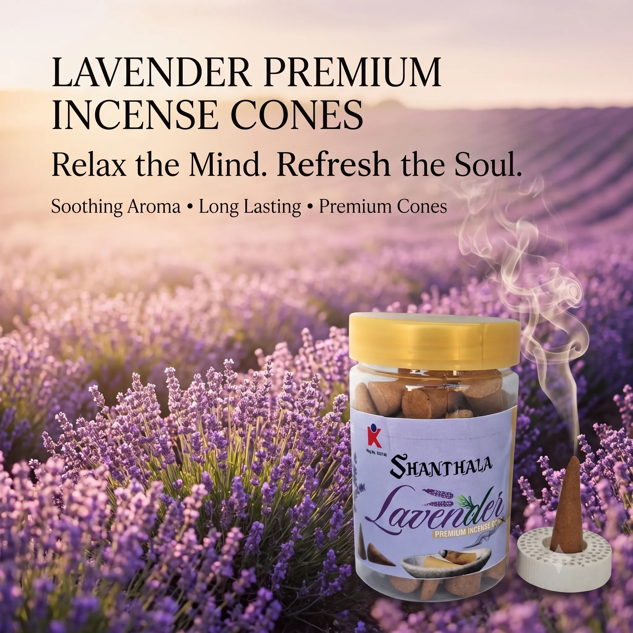 Shanthala Lavender Premium Incense Cones Round Jar 90g - Image 2
