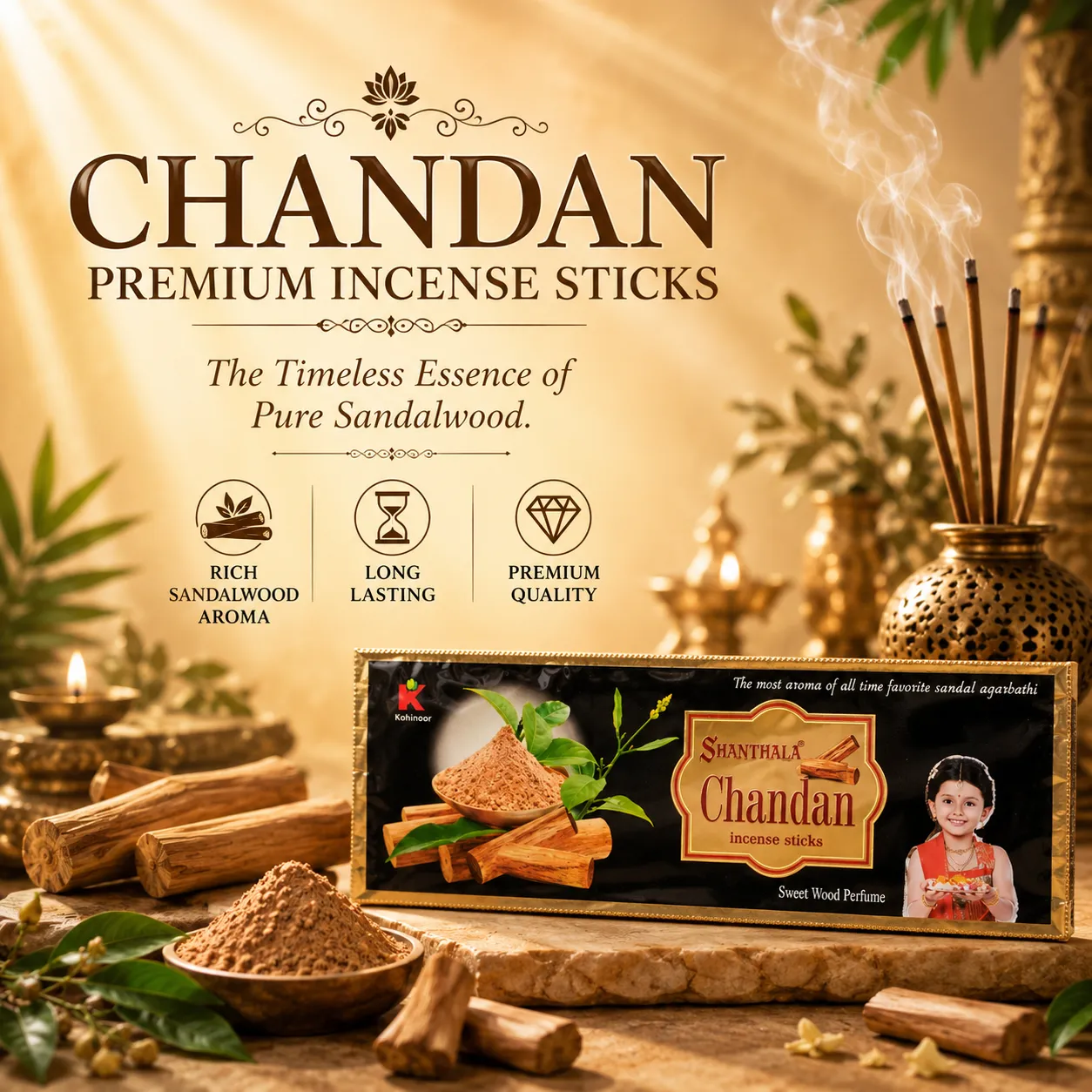 Shanthala Chandan Premium Pouches 6pc Dangler Incense Sticks 22g - Image 2
