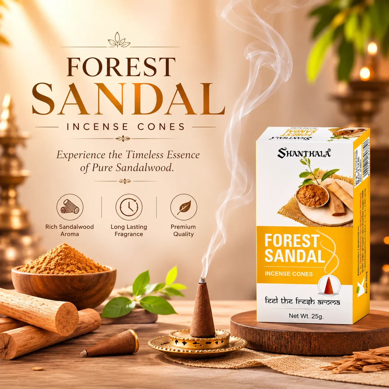 Shanthala Forest Sandal Premium Incense Cones 25g - Image 2