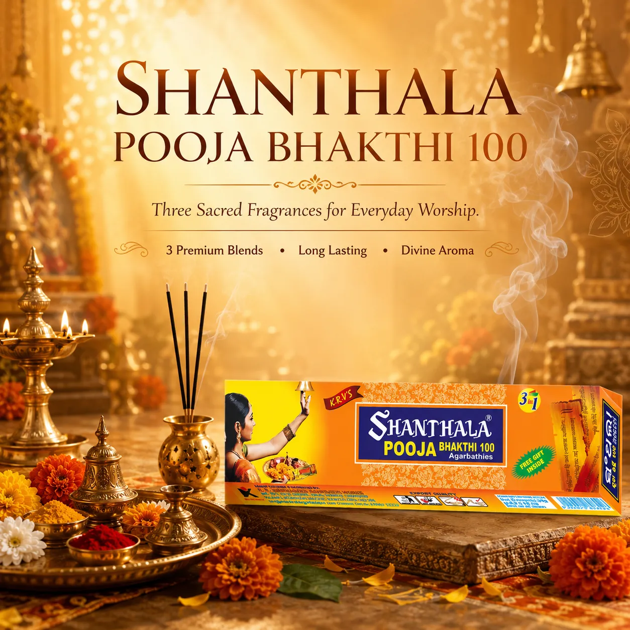 Shanthala Pooja Bhakthi 100 3 in 1 Economy Boxes Incense Sticks 80g - Image 2